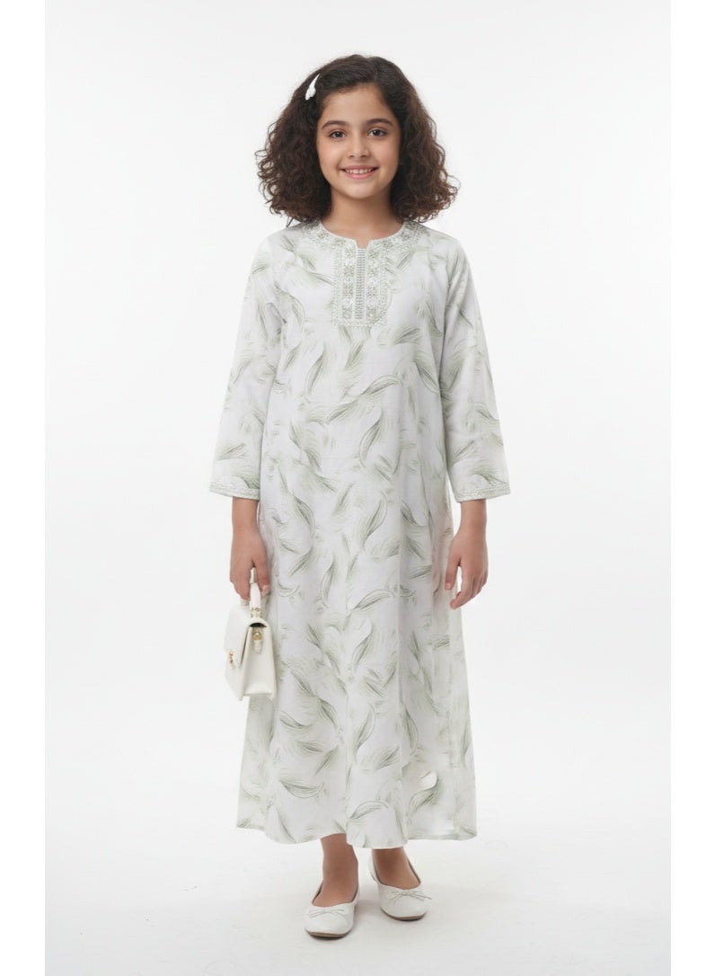 HANA & SARA Girls Arabic Digital Print Jalabiya – Pastel Floral Festive Viscose Blended Comfort Dress - Image 1
